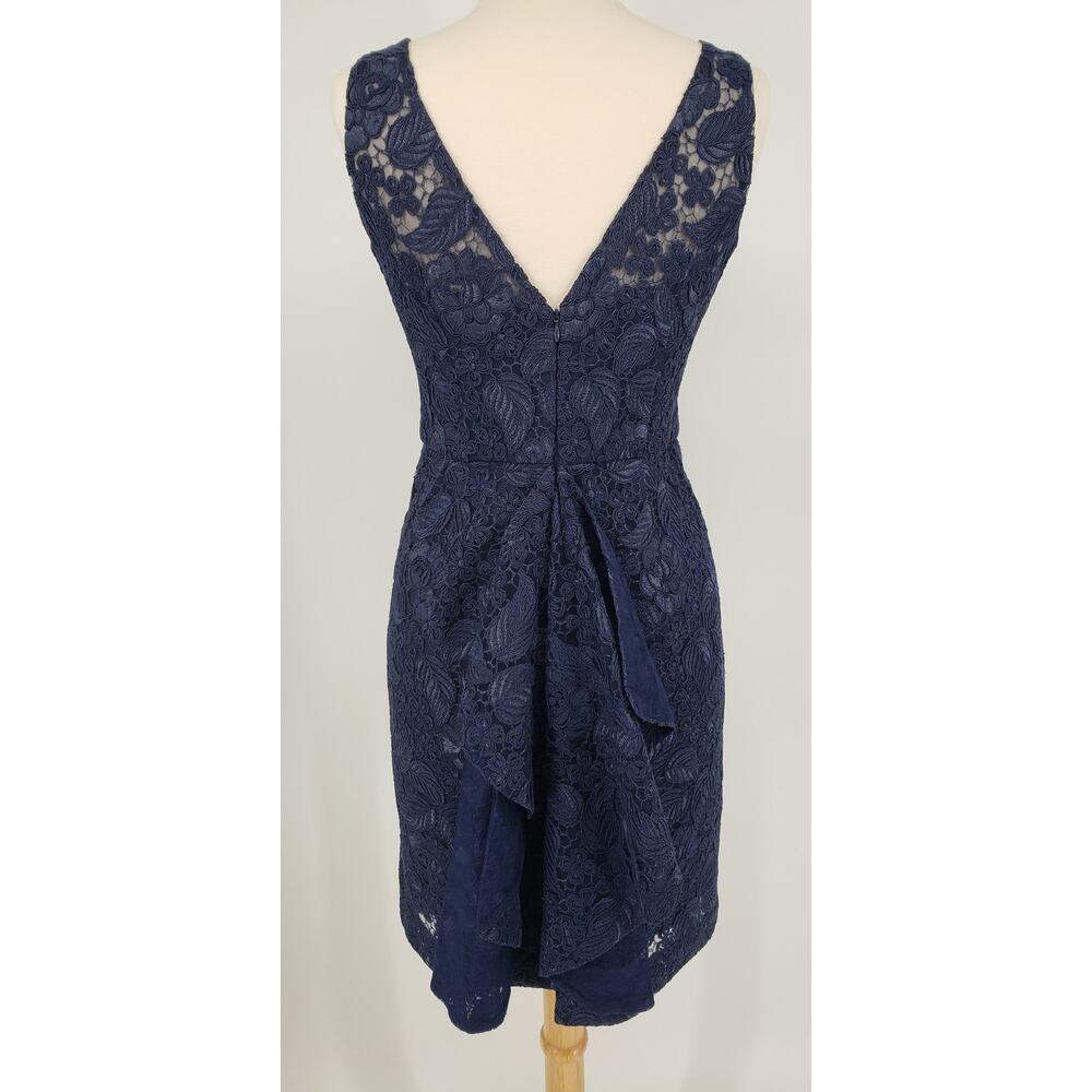 ML Monique Lhuillier Follow Suit Sheath Dress 12 Floral Leaf Lace Cocktail Navy - Picture 5 of 14